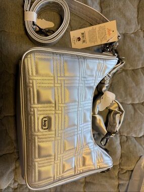 lug Metallic Silver Quilted Shoulder Bag with Detachable Strap